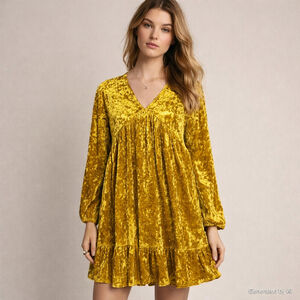 Hem & Thread Crushed Velvet Gold Babydoll Dress Long Sleeve V-Neck Small NWT Y2K